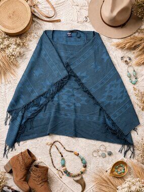 Chaps Blue Aztec Southwest Fringe Poncho Wrap One Size Boho Western Comfortable